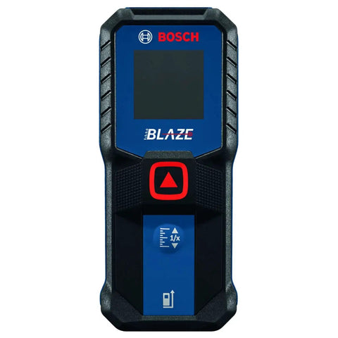 Front view of Blaze laser distance meter with 100 ft range, 1/16 in accuracy, backlit display, for precise room dimensions and layout distances.