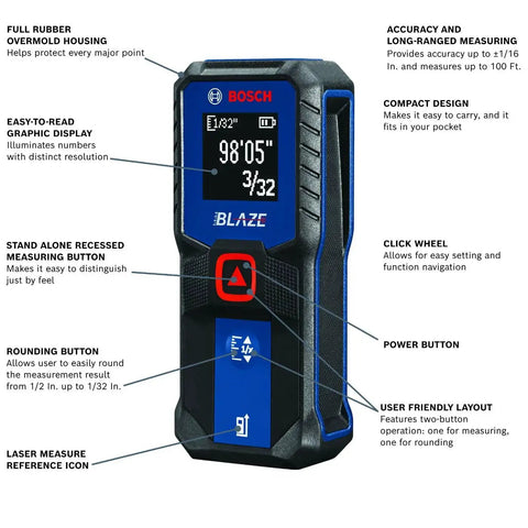Effortlessly capture precise room dimensions and layout distances with a compact Blaze laser distance meter, delivering 100 ft range, 1/16 in accuracy, a backlit display, and included batteries for reliable, on-the-spot measurements.