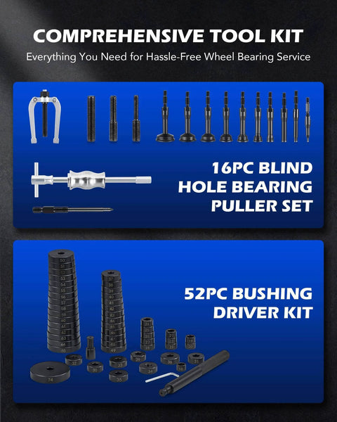 Comprehensive tool kit with 2 in 1 Blind Hole Bearing Puller & Bushing Press Kit featuring 16pc bearing puller and 52pc bushing driver