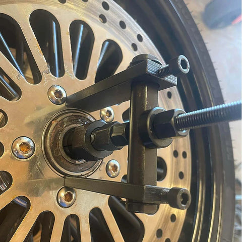 12pcs Blind Hole Bearing Puller Set Internal Bearing Extractor Kit in use on motorcycle wheel, focusing on expanding collet 8-32MM