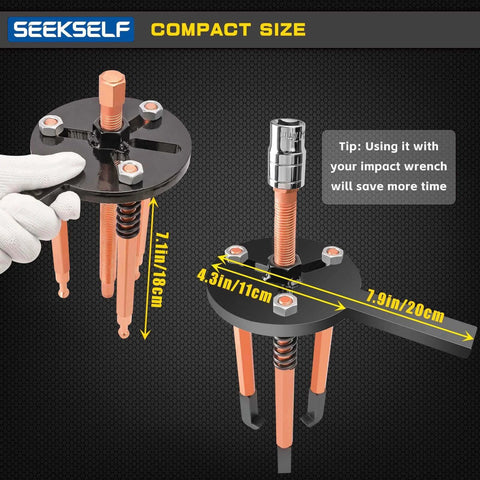 Blind Hole Bearing Puller Kit showing compact size, dimensions, and design for bearing removal, featuring metal claws and black components.