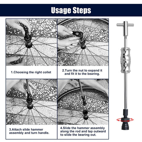 Usage steps for the 12pcs Blind Hole Collet Bearing Puller Set with images showing installation process and slide hammer tool.