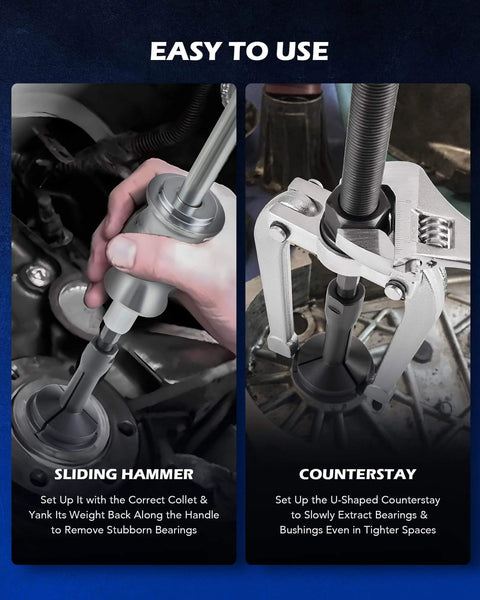 Blind Hole Collet Bearing Race and Seal Puller Extractor Kit slide hammer and counterstay in use
