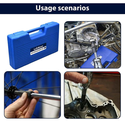 12pcs Blind Hole Collet Bearing Puller Set, Internal Bearing Extractor Puller Kit displayed in blue case and in use on machinery