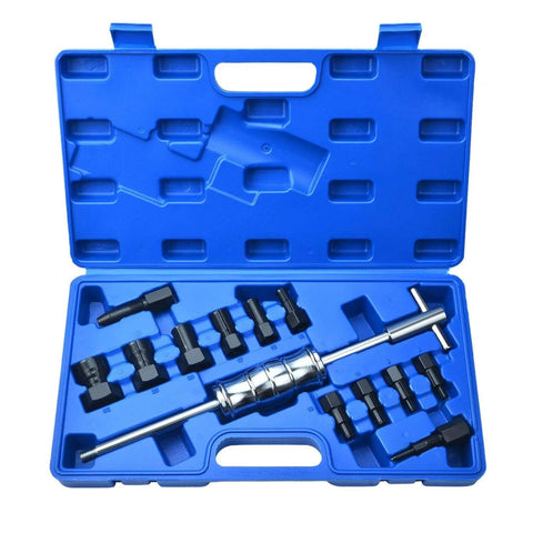 13pcs Blind Hole Collet Bearing Puller Set in blue case, showing slide hammer and expandable collets for 8-32MM removal