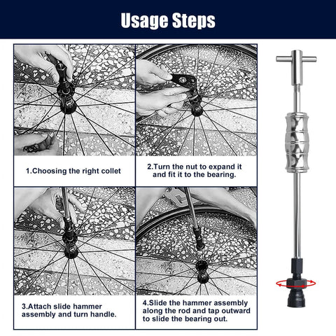 Usage steps for 13pcs Blind Hole Collet Bearing Puller Set, Internal Bearing Extractor Puller Kit with expandable collets and slide hammer