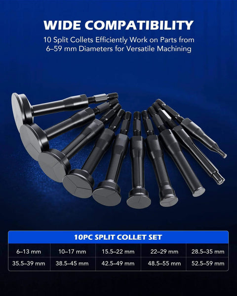 Blind Hole Collet Bearing Race and Seal Puller Extractor Kit with 10 split collets, 6-59 mm diameter range for versatile machining.