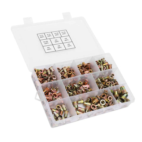 300 Piece Blind Rivet Nuts Set Color Plated Zinc Steel Galvanized Rustproof Nuts for Fastening Metal Plates and Pipes