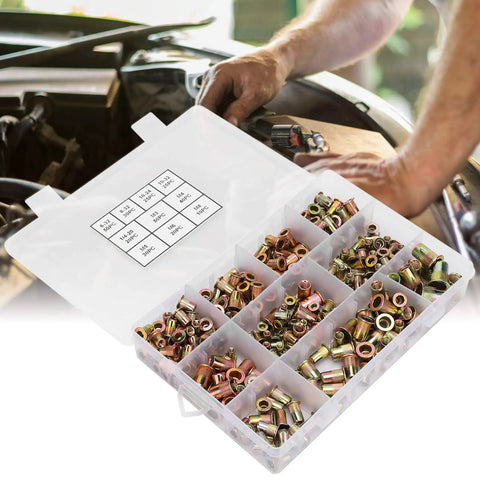 300 Piece Blind Rivet Nuts Set Color Plated Zinc Steel Galvanized Rustproof Nuts for Fastening Metal Plates and Pipes