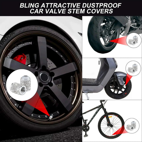 Collage showing 4 Pack Bling Crystal Tire Valve Caps with Rhinestones Waterproof Dustproof Valve Stem Caps for Cars Trucks SUVs and Motorcycles Universal Fit White on various vehicles.