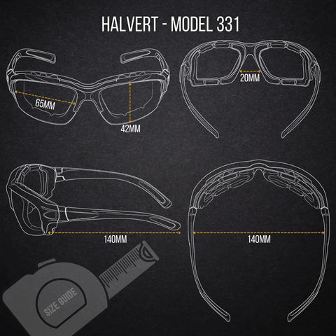 Technical diagram of Blocker Polarized Motorcycle Riding Sunglasses Sports Wrap Black Smoke Lens with measurements