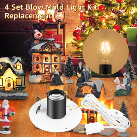 Blow Mold Light Kit Replacement Cord For Halloween And Christmas Blow Mold Village Decorations setup with houses and trees.