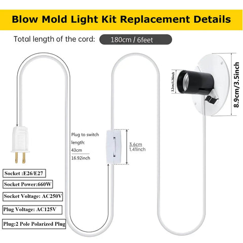 Diagram of six foot cord blow mold light kit replacement with E26 E27 socket fuse plug and on off rotary switch for Gemmy decor