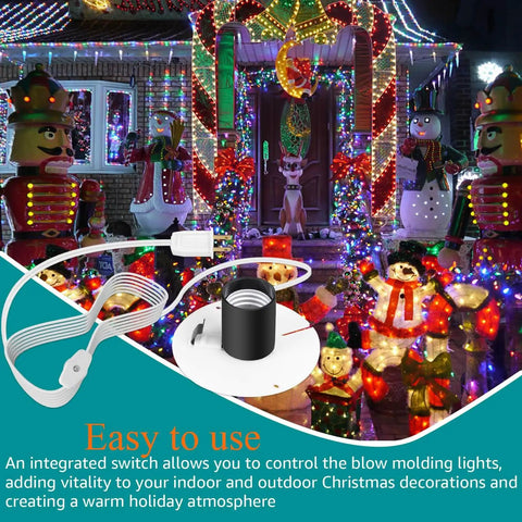 Festive scene with Replacement Blow Mold Light Kit with switch fuse, E26 E27 bulbs, cord for indoor outdoor Christmas displays.