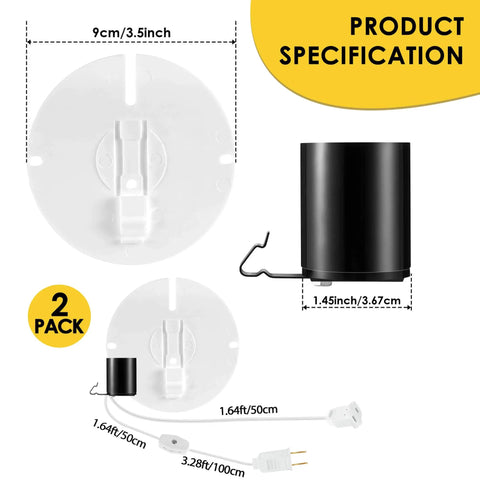 Product specification showing 2 Pack Blow Mold Light Kit Replacement with E27 and E26 sockets, two fuse plugs, easy install for decor.