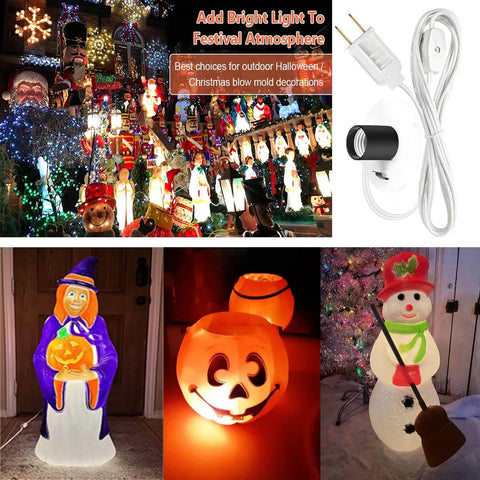 Six Foot Cord Blow Mold Light Kit Replacement with E26 E27 Socket Fuse Plug and On Off Rotary Switch displayed with Halloween and Christmas decor
