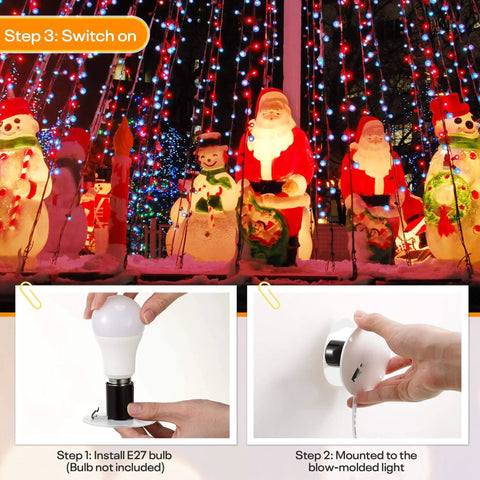 MB48 Blow Mold Light Kit Replacement with 3 Socket Accessory Cord in use with Christmas blow molds and bulb installation steps.