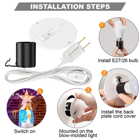 Installation steps for Replacement Blow Mold Light Kit With 5 Foot Cord And No Fuss On Off Switch For E27 E26 Bulbs
