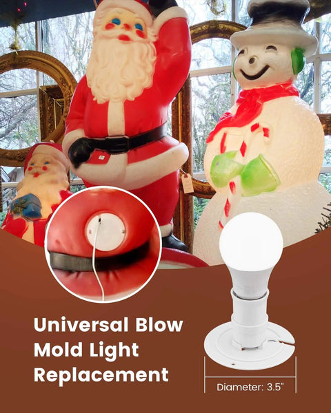 Blow Mold Light Kit Replacement For Outdoor Holiday Decor With E26 E27 Socket and 3.5 Inch Light Plate next to Santa and Snowman figures.