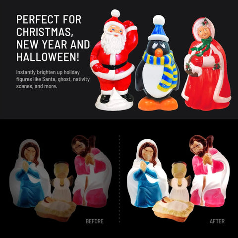 Santa, penguin, and caroler blow mold figures illuminated by Two Pack Blow Mold Light Kit Replacement Cords For Blow Mold Plastics With White And Red Plates Vintage Style Holiday Decor For Halloween Christmas And New Year.