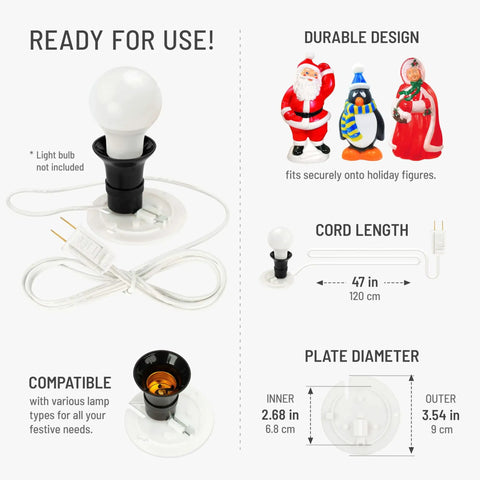 Two Pack Blow Mold Light Kit Replacement Cords For Blow Mold Plastics With White And Red Plates Vintage Style Holiday Decor For Halloween Christmas And New Year - shown with socket and plate dimensions for holiday figures.