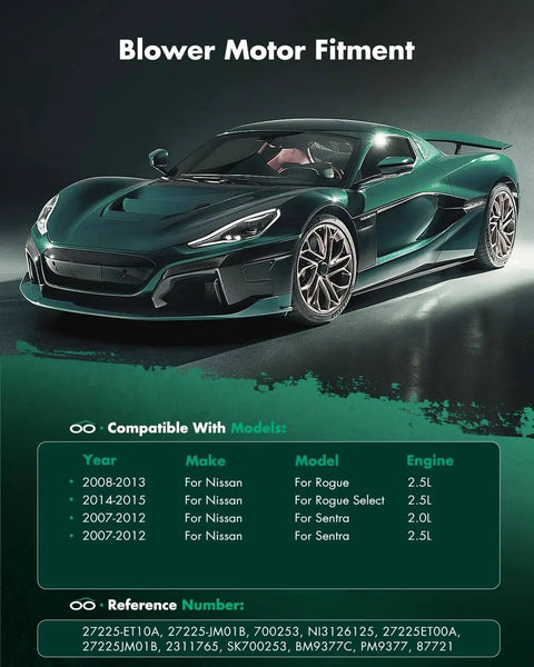 Sports car graphic with blower motor fitment chart for 2007-2015 Nissan Rogue and Sentra models.