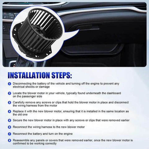 Installation steps for Blower Motor With Fan Replacement For Chevy S10 Astro Blazer GMC Sonoma Safari Jimmy Isuzu Hombre Oldsmobile Bravada AC Heater Compatible Part 700092 1994-2004