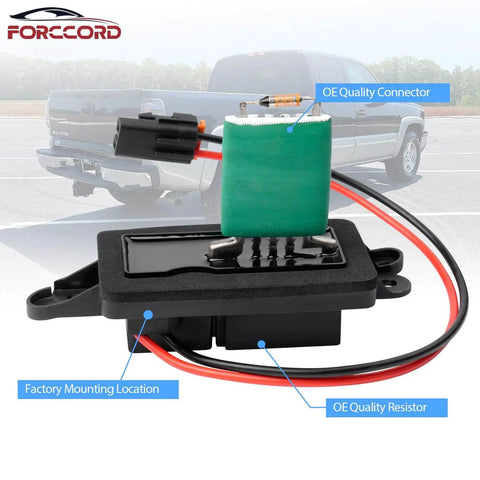Blower Motor Resistor With Harness For Chevy Avalanche Silverado Suburban Tahoe GMC Sierra Yukon Cadillac Escalade Replaces 973 405 1581086 Fits 2003 To 2006 Models For GM Trucks And SUVs By Forccord, product on factory mounting location backdrop, showing OE quality connector and resistor.