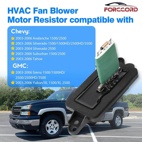 Blower Motor Resistor With Harness For Chevy Avalanche Silverado Suburban Tahoe GMC Sierra Yukon Cadillac Escalade Replaces 973 405 1581086 Fits 2003 To 2006 Models For GM Trucks And SUVs By Forccord, shown with a truck in the background