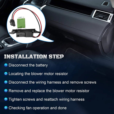 Installation steps for AC Blower Motor Resistor Kit With Harness For 2003 2004 2005 2006 Chevy Silverado 1500 2500 HD Suburban Tahoe GMC Sierra Yukon Cadillac Escalade Avalanche Fits Manual AC Without Rear Vents