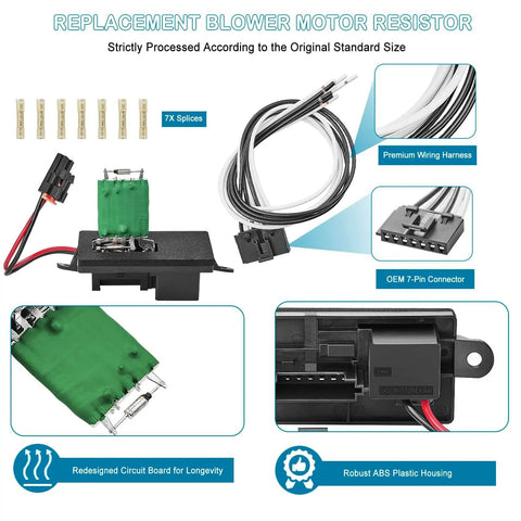 Blower Motor Resistor Kit With Wiring Harness And Connectors For 1999 2006 Chevy Silverado GMC Sierra 1500 2500 3500 And 2000 2002 Yukon XL Replaces 89019089 89018597 For Manual AC Controls, showing components and connections.