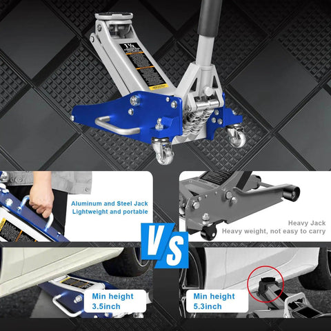 Low Profile 1.5 Ton Hydraulic Racing Floor Jack With Dual Piston Quick Lift Pump Aluminum And Steel Construction Side Handle Non Slip Knurled Grip Blue Finish By Torin, showcasing aluminum portability vs heavy weight