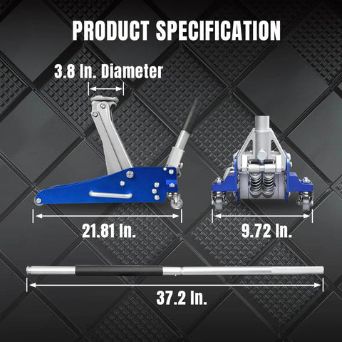 Low Profile 1.5 Ton Hydraulic Racing Floor Jack With Dual Piston Quick Lift Pump Aluminum And Steel Construction Side Handle Non Slip Knurled Grip Blue Finish By Torin, showing dimensions and components.