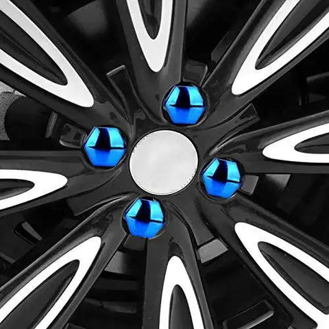 Close-up of car wheel with 17mm 20 Piece Wheel Nut Cap Set Anti Rust Protection Covers for Car Wheel Nuts and Hubs in blue.