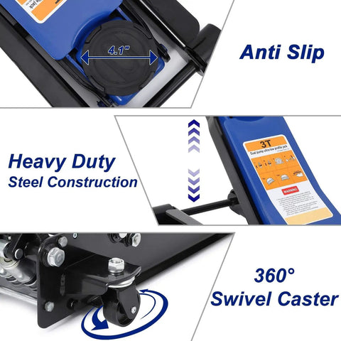 Low Profile 3 Ton Hydraulic Floor Jack With Dual Piston Quick Lift For Cars Trucks SUVs GarveeTech, anti-slip, heavy-duty steel, swivel caster.