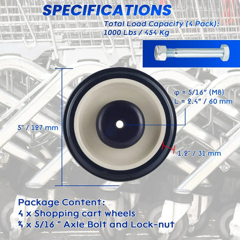 4 Pack 5 Inch Shopping Cart Wheels With Axles Bolts Blue Polyurethane Caster Set Replacement For Cart Heavy Duty 250 Lb Per Wheel 1000 Lb Total Capacity Universal Fit For Most Carts Durable product specifications with wheel dimensions and bolt image.