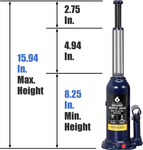 Front view of Beefed Up 6 Ton Hydraulic Bottle Jack For Cars Trucks And SUVs By Torin with height measurements displayed.
