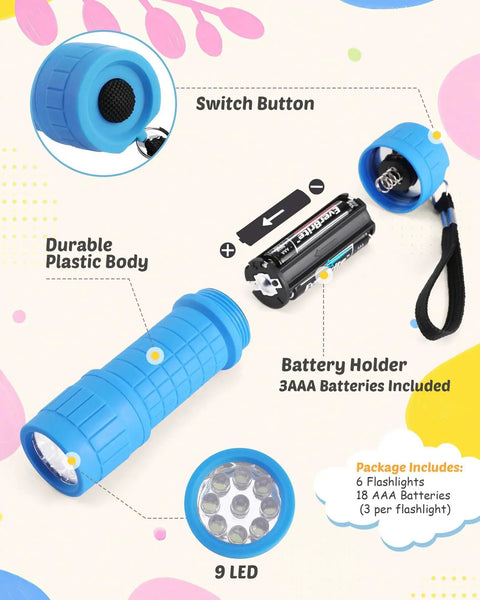 9-LED Flashlight 6-Pack With Lanyards In Assorted Colors, Includes 18 AAA Batteries, Ready To Use Out Of The Box, flashlight details
