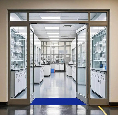 Blue adhesive sticky floor mat 24 by 36 inches installed at lab entrance, traps dirt in high traffic areas, 12 pack for construction sites, cleanrooms.