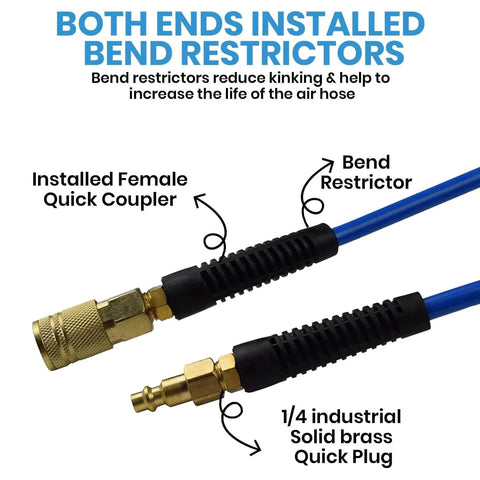 Hybrid Air Hose Three Eighths Inch By Twenty Five Feet 300 PSI Heavy Duty Lightweight Kink Resistant With Brass Male Fittings