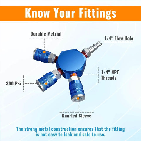 3 Way Air Hose Splitter, 1/4 Inch Quick Connect Manifold With 2 M-Style Couplers And 1 Industrial Air Plug, Blue Finish