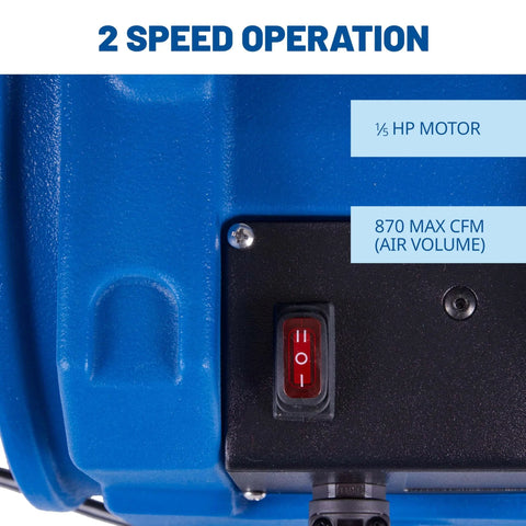 Close-up of Portable 1/5 HP, 870 CFM Mini Axial Air Mover Fan with Wall Mount Option for Water Damage, Drying and Ventilation, Blue, MA-870, Small, showing two speed operation and control switch.