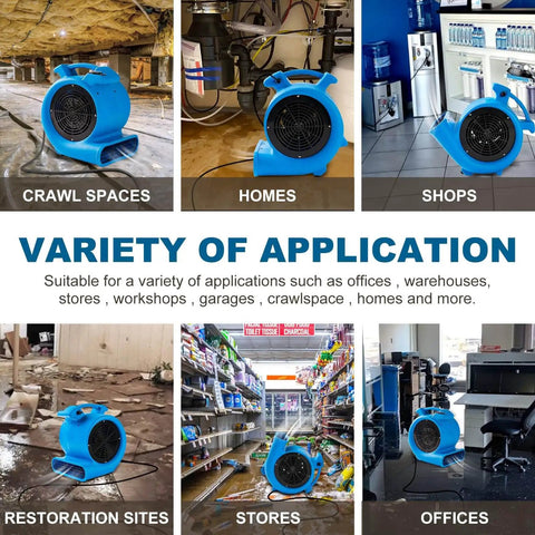 Powerful Half Horsepower Air Mover For Fast Carpet Drying And Floor Drying With 2200 CFM Air Flow Lightweight Design For Home Garage And Job Site Use Two Speed Settings By Mounto shown in various environments