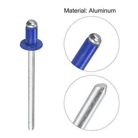 Close-up of Aluminum Blind Rivets Set 3.2mm By 5mm Open End Flat Round Head Blue 200 Pcs, showing material and details.