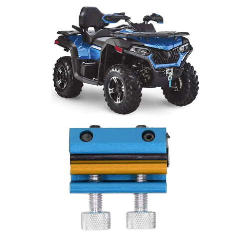 Blue aluminum portable motorcycle cable lubrication tool with sealed end lubricator clamp for ATVs, shown below a blue ATV.