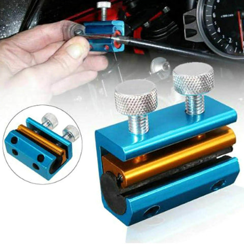 Aluminum Portable Motorcycle Cable Lubrication Tool For Brake Throttle And Clutch Cables On ATVs with blue finish in use