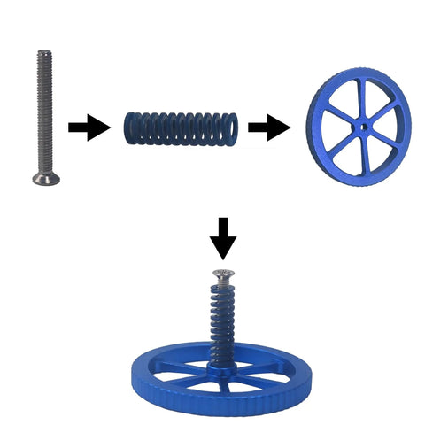 Blue Aluminum Leveling Nut Set With Hot Bed Springs, M4 Screws, and Silicone Leveling Columns for Ender 3, 3 Pro, 3 V2, 3 Neo, 5, 5 Plus, and CR-10 Printers; assembly view.