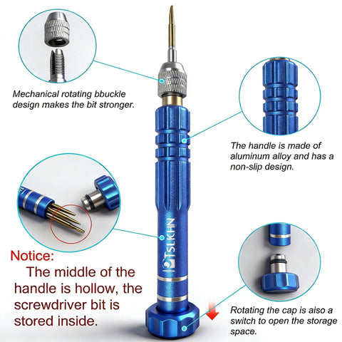 Image showing a 5-In-1 Mini Precision Screwdriver Set With Magnetic S2 Steel Bits For Eyeglasses Sunglasses Electronics And Jewelry. Features an aluminum alloy handle with storage space for bits.