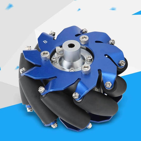 4 Inch Left Mecanum Wheel with aluminum body and TPU rubber rollers featuring 50mm width and 100mm diameter.