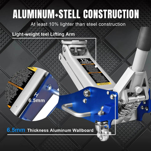 Low Profile 1.5 Ton Aluminum And Steel Floor Jack With Dual Piston Quick Lift Pump for Cars showing blue design and lifting arm detail